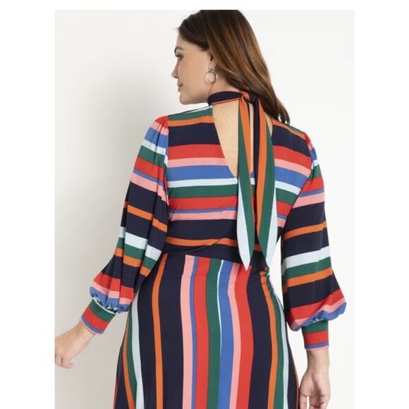 Eloquii Rainbow Striped A-line Midi Dress Puff Long Sleeve Artsy Plus 16 NEW - Picture 4 of 9